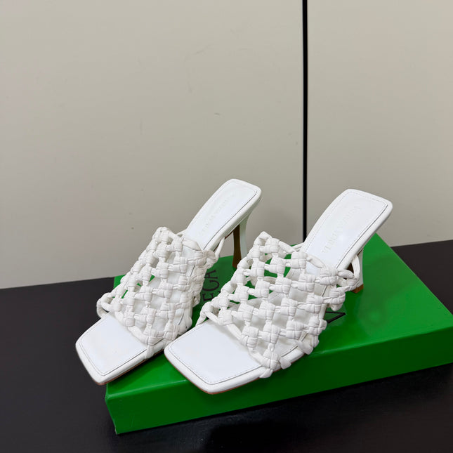 BOTTEGA VENETA 26S WOVEN STRAP HIGH-HEEL SANDALS 85 MM IN WHITE LAMBSKIN