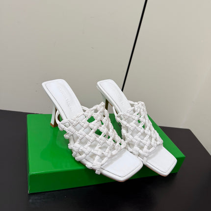 BOTTEGA VENETA 26S WOVEN STRAP HIGH-HEEL SANDALS 85 MM IN WHITE LAMBSKIN
