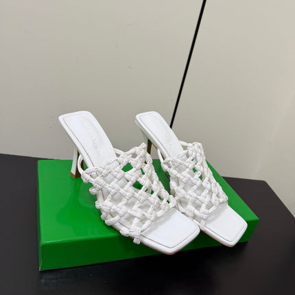 BOTTEGA VENETA 26S WOVEN STRAP HIGH-HEEL SANDALS 85 MM IN WHITE LAMBSKIN