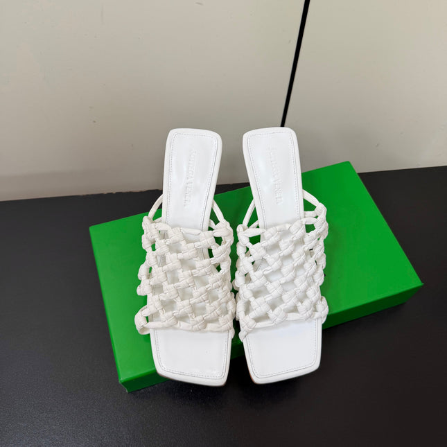 BOTTEGA VENETA 26S WOVEN STRAP HIGH-HEEL SANDALS 85 MM IN WHITE LAMBSKIN
