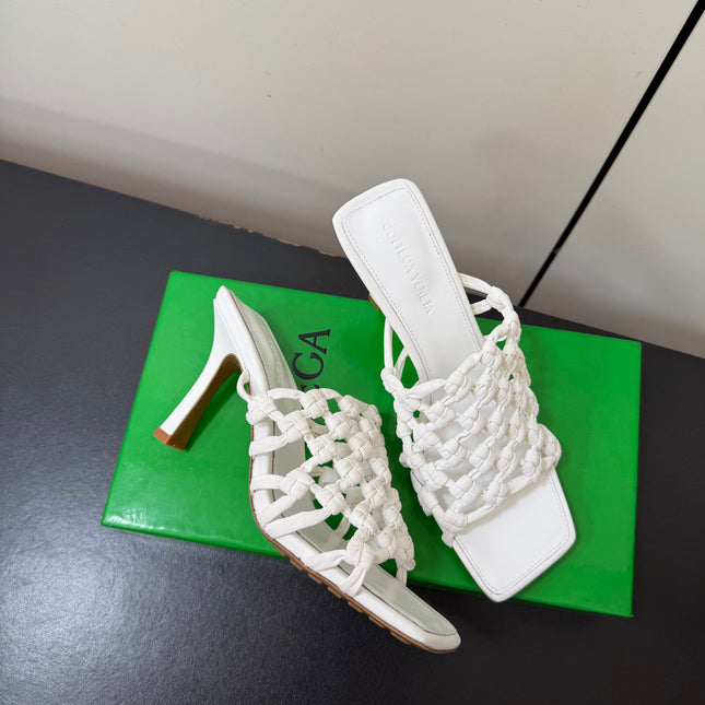 BOTTEGA VENETA 26S WOVEN STRAP HIGH-HEEL SANDALS 85 MM IN WHITE LAMBSKIN