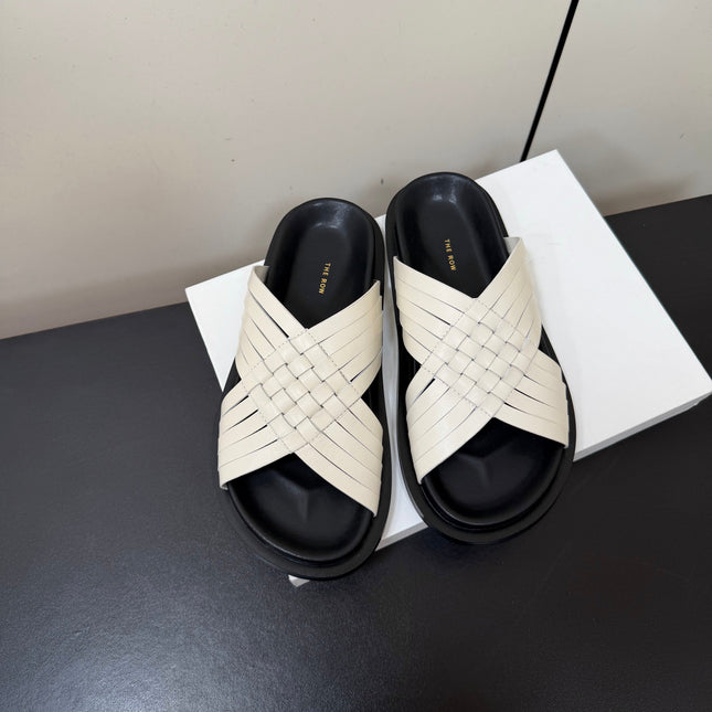 THE ROW 26S CROSS STRAP SANDALS IN IVORY WHITE CALFSKIN