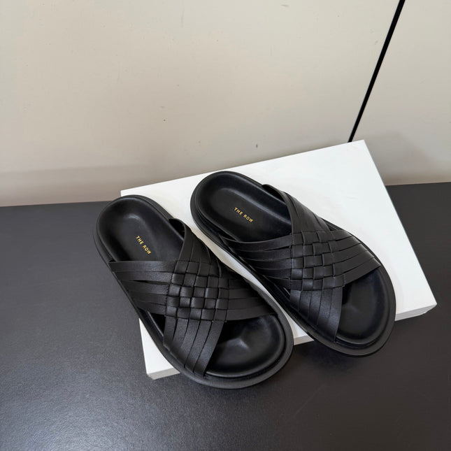 THE ROW 26S CROSS STRAP SANDALS IN BLACK CALFSKIN