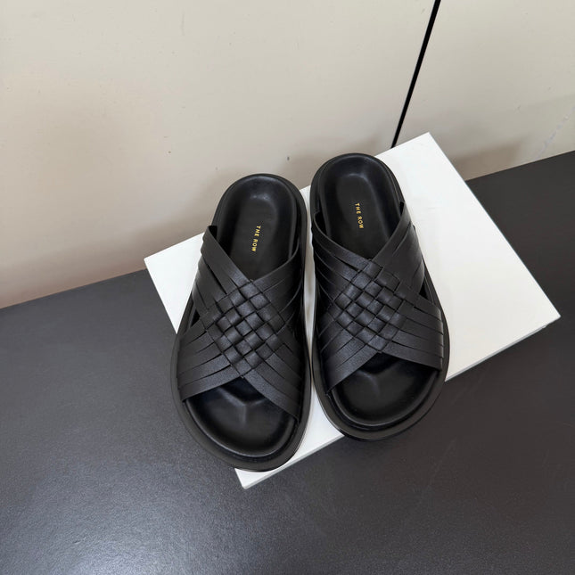 THE ROW 26S CROSS STRAP SANDALS IN BLACK CALFSKIN