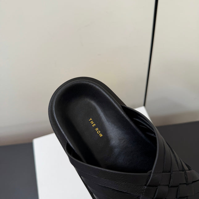 THE ROW 26S CROSS STRAP SANDALS IN BLACK CALFSKIN
