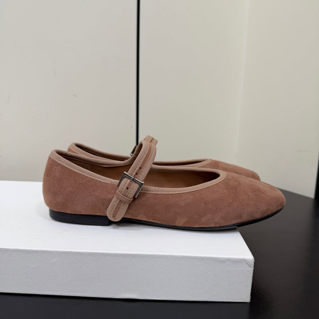 THE ROW 26S MARY JANE BALLET FLATS IN BROWN SUEDE WITH SILVER HARDWARE