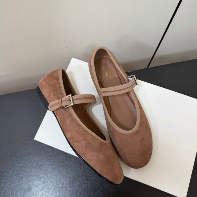 THE ROW 26S MARY JANE BALLET FLATS IN BROWN SUEDE WITH SILVER HARDWARE