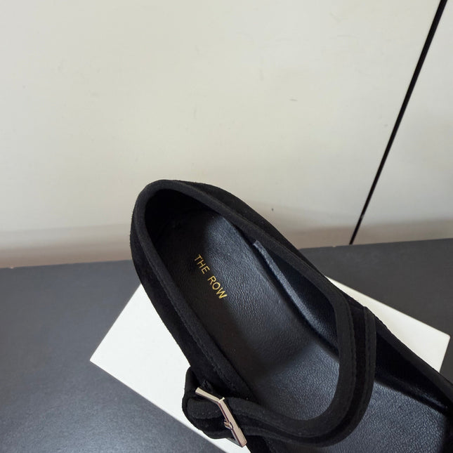 THE ROW 26S MARY JANE BALLET FLATS IN BLACK SUEDE WITH SILVER HARDWARE