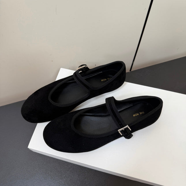 THE ROW 26S MARY JANE BALLET FLATS IN BLACK SUEDE WITH SILVER HARDWARE