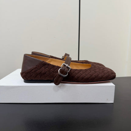 THE ROW 26S MARY JANE BALLET FLATS IN DARK BROWN SUEDE AND CALFSKIN