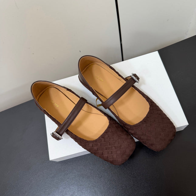 THE ROW 26S MARY JANE BALLET FLATS IN DARK BROWN SUEDE AND CALFSKIN