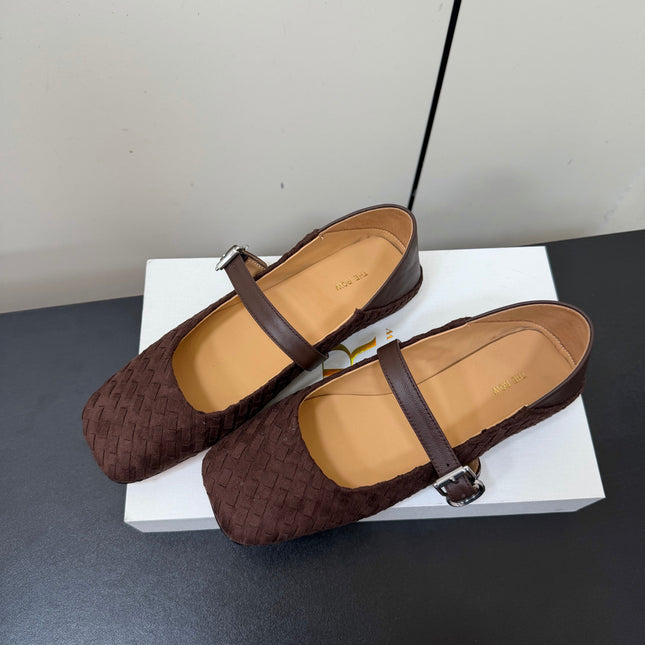THE ROW 26S MARY JANE BALLET FLATS IN DARK BROWN SUEDE AND CALFSKIN