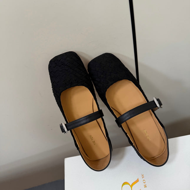 THE ROW 26S MARY JANE BALLET FLATS IN BLACK SUEDE AND CALFSKIN