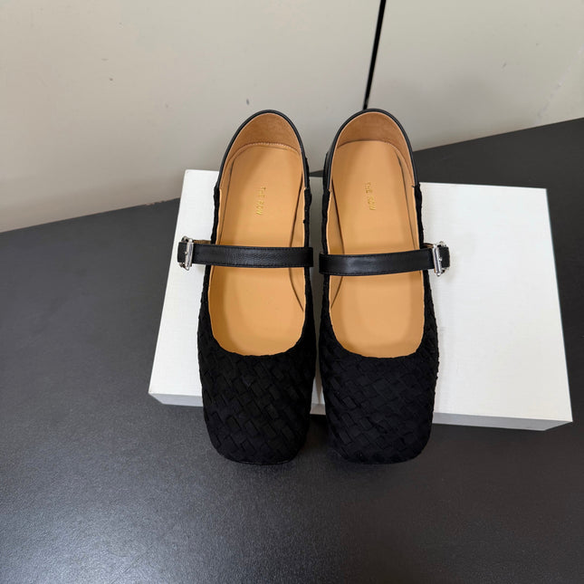 THE ROW 26S MARY JANE BALLET FLATS IN BLACK SUEDE AND CALFSKIN