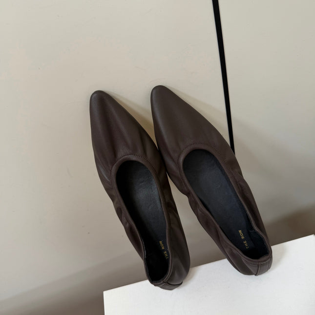 THE ROW 26S POINTED TOE BALLET FLATS IN CHOCOLATE BROWN LAMBSKIN