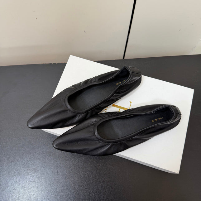THE ROW 26S POINTED TOE BALLET FLATS IN BLACK LAMBSKIN