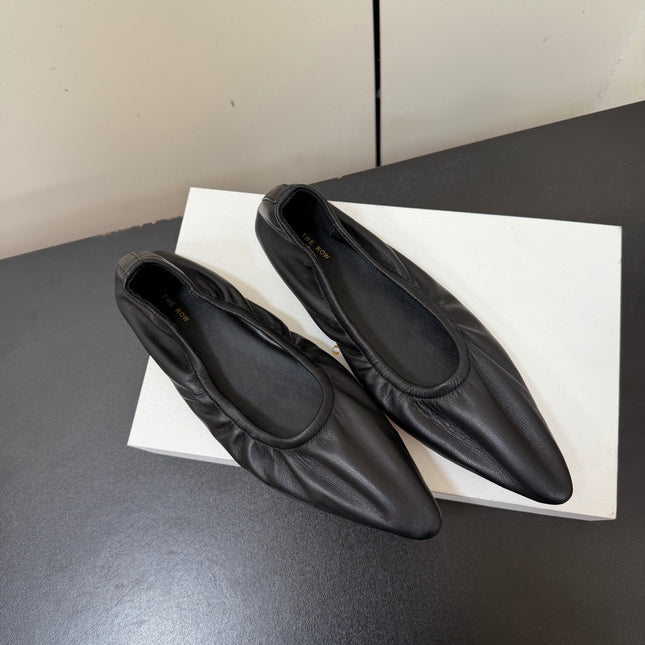THE ROW 26S POINTED TOE BALLET FLATS IN BLACK LAMBSKIN