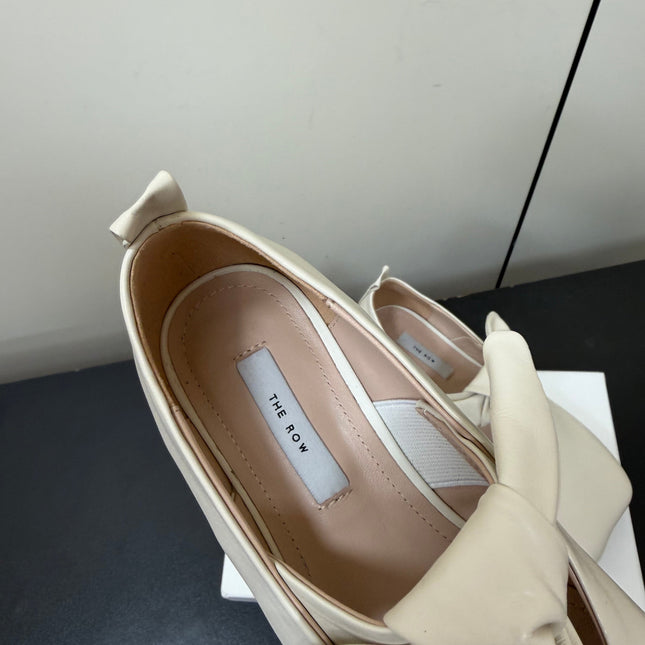THE ROW 26S BALLET FLATS IN IVORY WHITE KNOT DETAIL CALFSKIN WITH SQUARE TOE