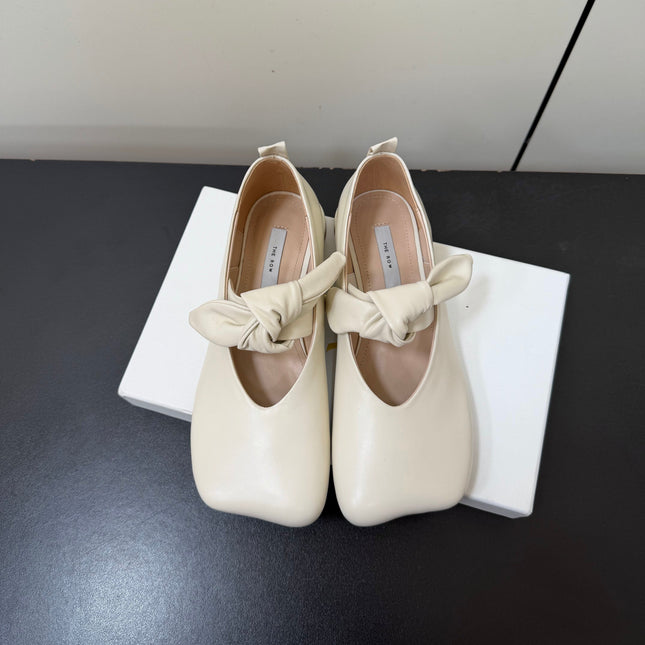 THE ROW 26S BALLET FLATS IN IVORY WHITE KNOT DETAIL CALFSKIN WITH SQUARE TOE