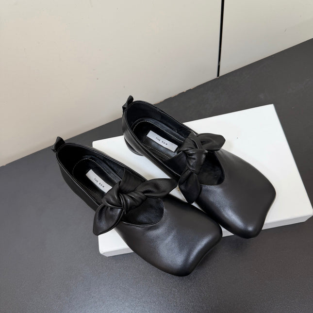 THE ROW 26S BALLET FLATS IN BLACK KNOT DETAIL CALFSKIN WITH SQUARE TOE