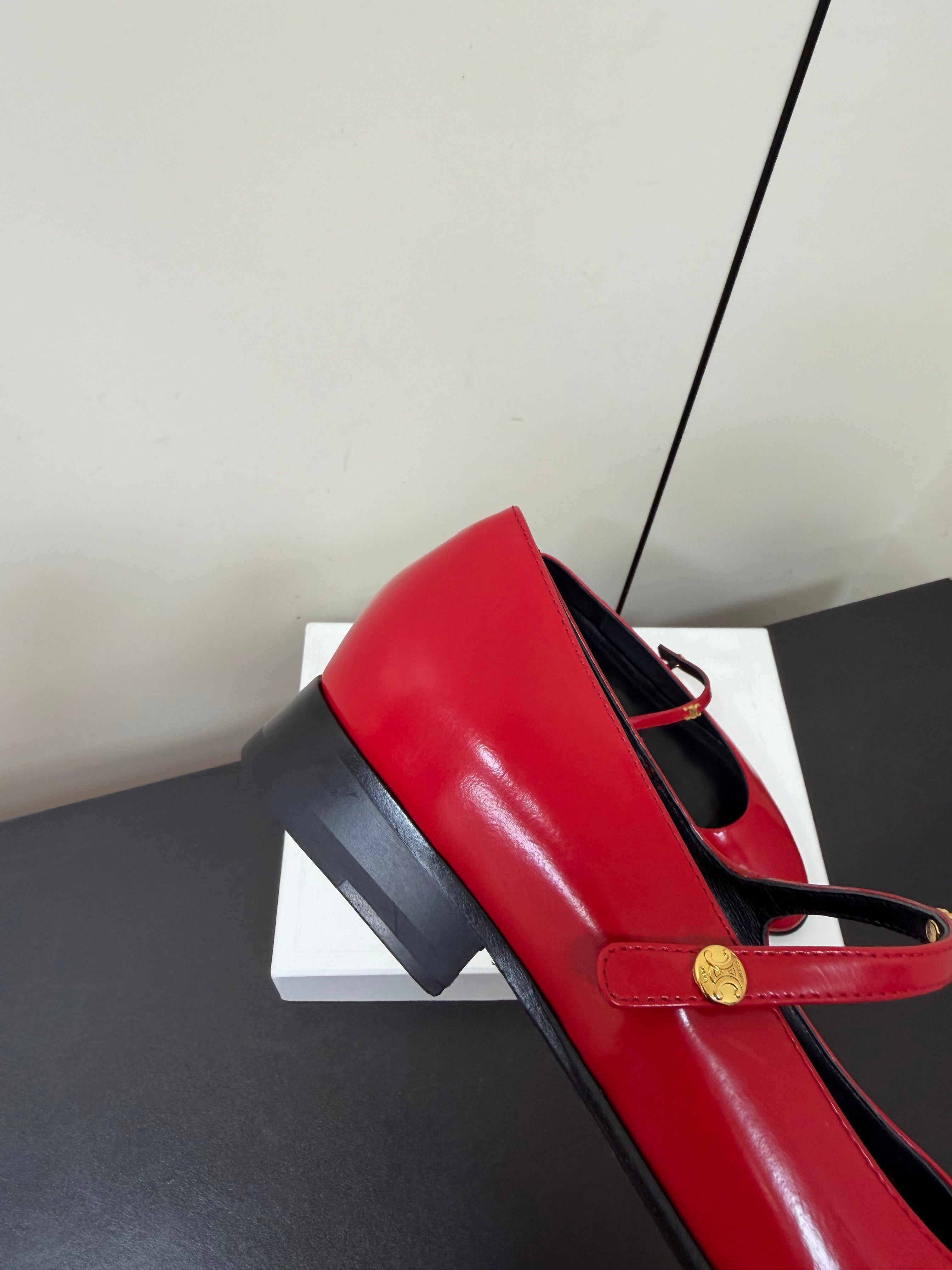 CELINE 26S MARY JANE FLATS IN DARK RED GLOSSY CALFSKIN GOLD HARDWARE