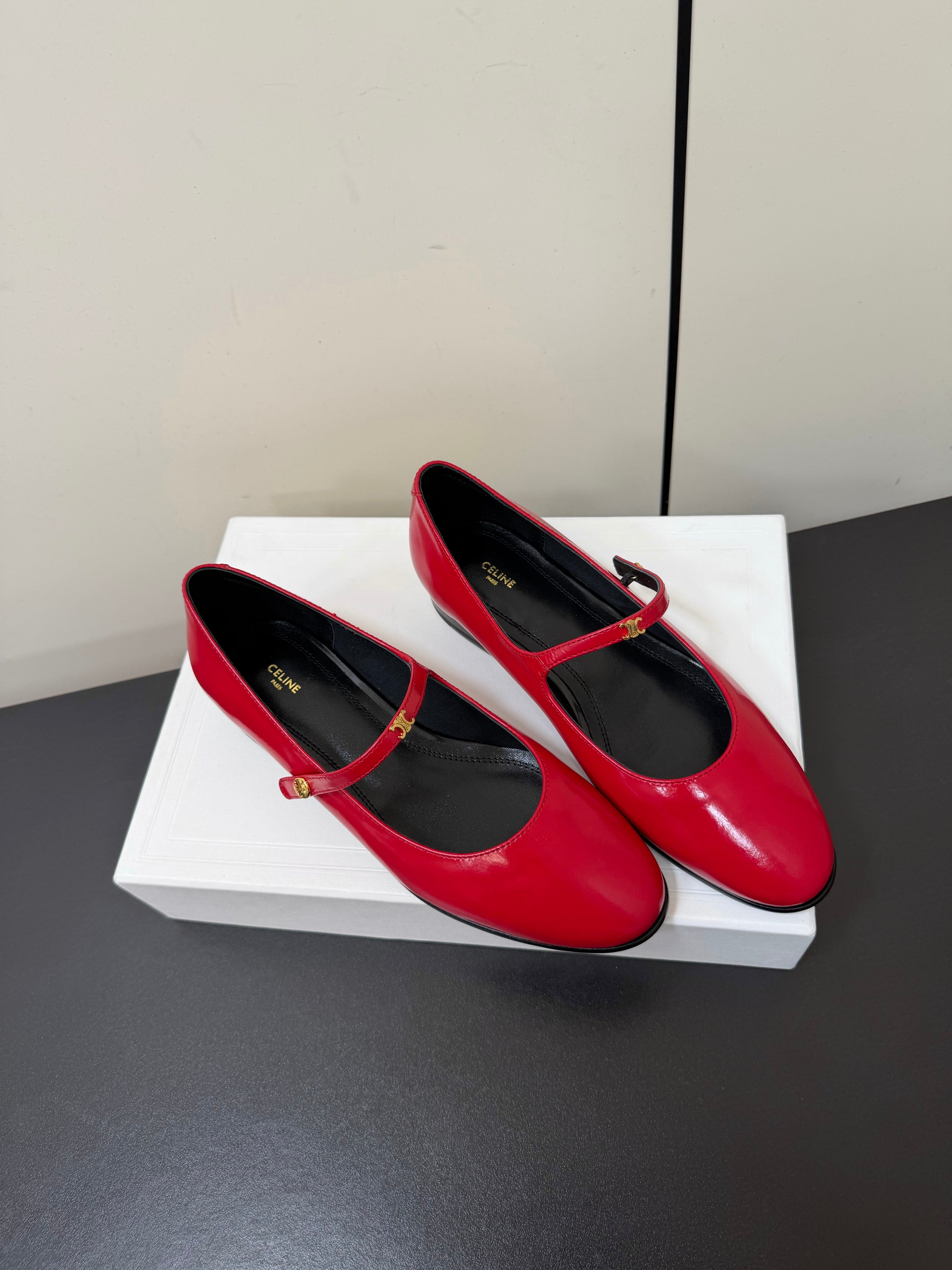 CELINE 26S MARY JANE FLATS IN DARK RED GLOSSY CALFSKIN GOLD HARDWARE