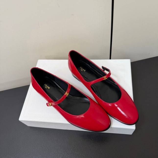 CELINE 26S MARY JANE FLATS IN DARK RED GLOSSY CALFSKIN GOLD HARDWARE
