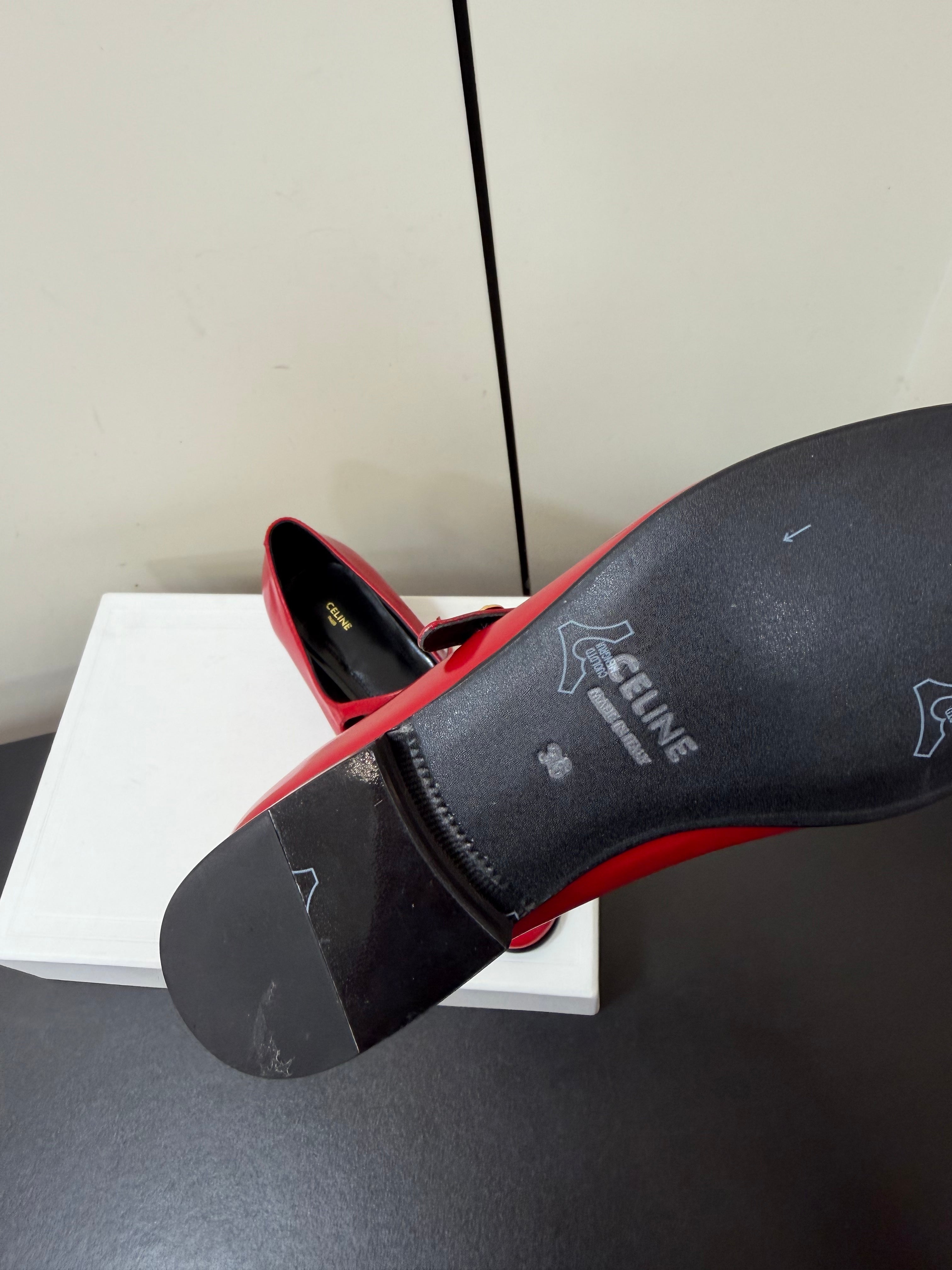 CELINE 26S MARY JANE FLATS IN DARK RED GLOSSY CALFSKIN GOLD HARDWARE