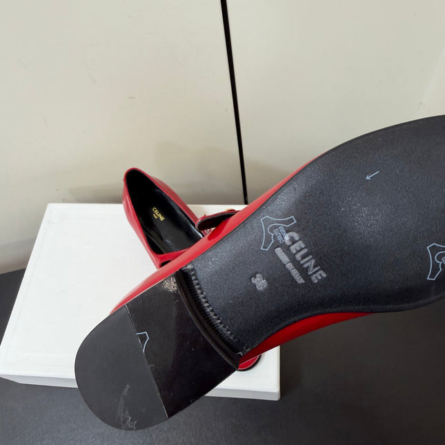 CELINE 26S MARY JANE FLATS IN DARK RED GLOSSY CALFSKIN GOLD HARDWARE