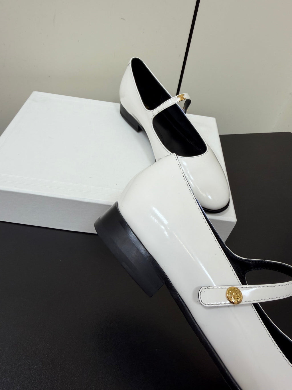 CELINE 26S MARY JANE FLATS IN WHITE GLOSSY CALFSKIN GOLD HARDWARE