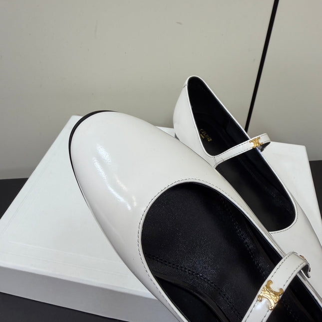 CELINE 26S MARY JANE FLATS IN WHITE GLOSSY CALFSKIN GOLD HARDWARE