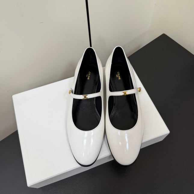 CELINE 26S MARY JANE FLATS IN WHITE GLOSSY CALFSKIN GOLD HARDWARE