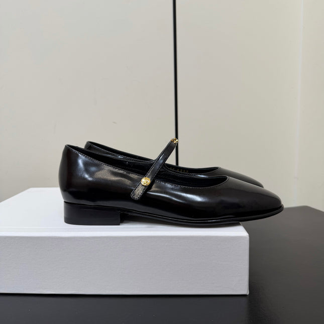 CELINE 26S MARY JANE FLATS IN BLACK GLOSSY CALFSKIN GOLD HARDWARE