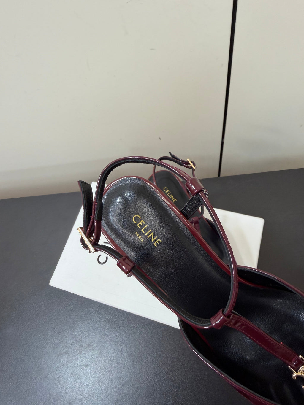 CELINE 26S TRIOMPHE T-STRAP SLINGBACK PUMPS IN BURGUNDY RED PATENT CALFSKIN