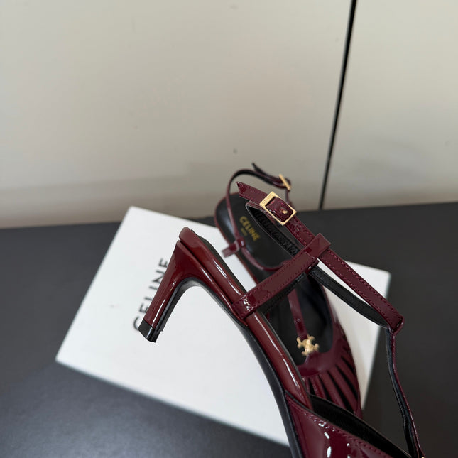 CELINE 26S TRIOMPHE T-STRAP SLINGBACK PUMPS IN BURGUNDY RED PATENT CALFSKIN