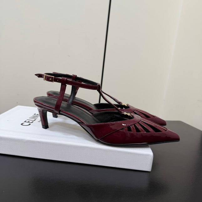 CELINE 26S TRIOMPHE T-STRAP SLINGBACK PUMPS IN BURGUNDY RED PATENT CALFSKIN