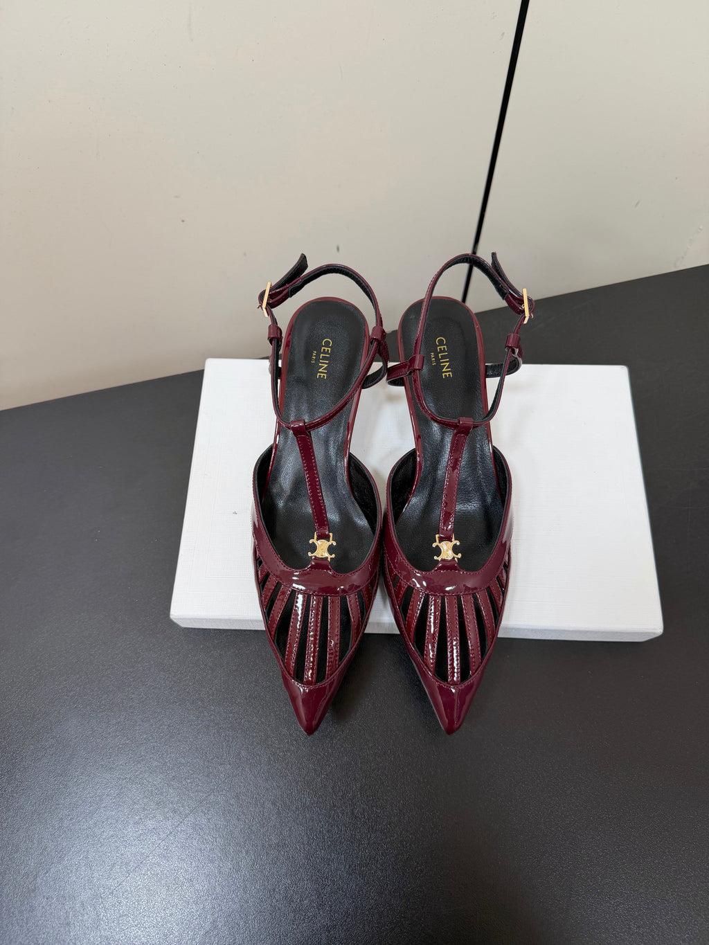 CELINE 26S TRIOMPHE T-STRAP SLINGBACK PUMPS IN BURGUNDY RED PATENT CALFSKIN