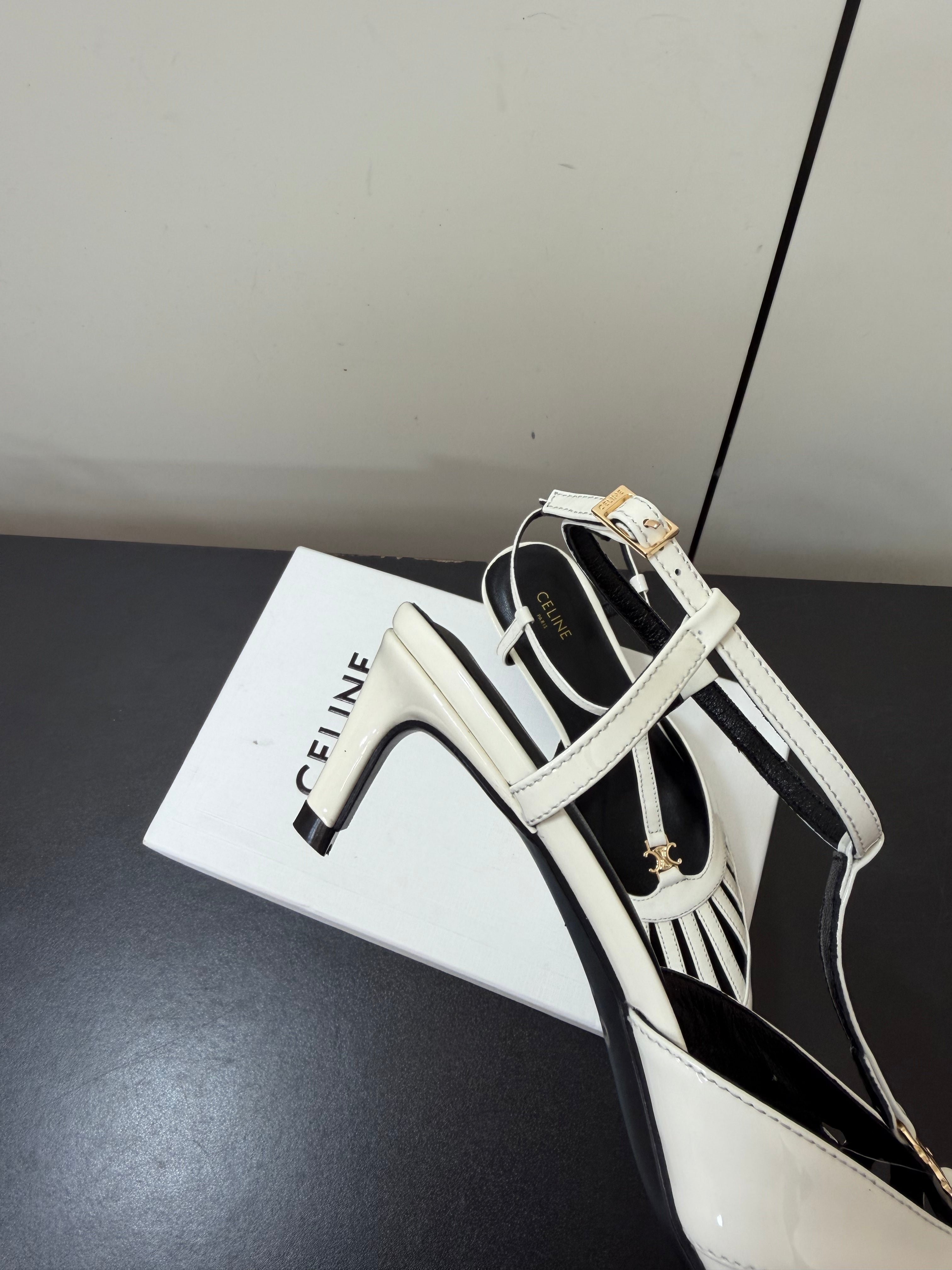 CELINE 26S TRIOMPHE T-STRAP SLINGBACK PUMPS IN WHITE PATENT CALFSKIN