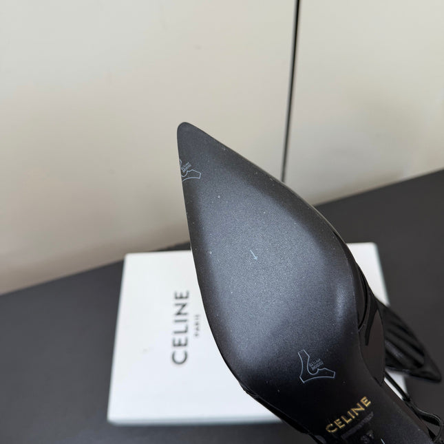CELINE 26S TRIOMPHE T-STRAP SLINGBACK PUMPS IN BLACK PATENT CALFSKIN