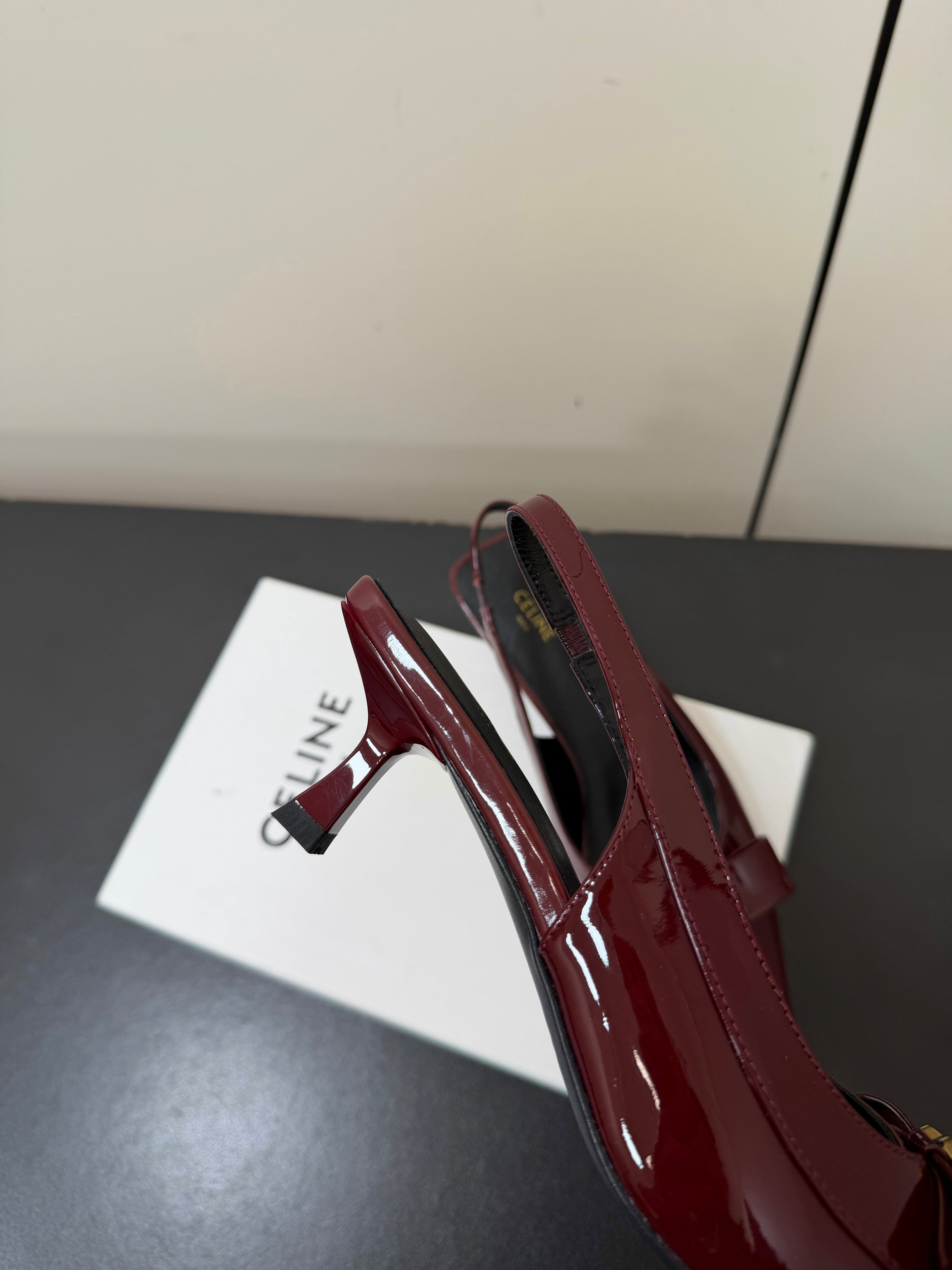 CELINE 26S TRIOMPHE SLINGBACK PUMPS IN BURGUNDY RED PATENT CALFSKIN GOLD HARDWARE