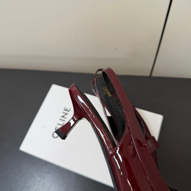 CELINE 26S TRIOMPHE SLINGBACK PUMPS IN BURGUNDY RED PATENT CALFSKIN GOLD HARDWARE