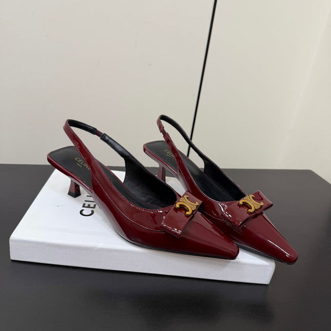 CELINE 26S TRIOMPHE SLINGBACK PUMPS IN BURGUNDY RED PATENT CALFSKIN GOLD HARDWARE
