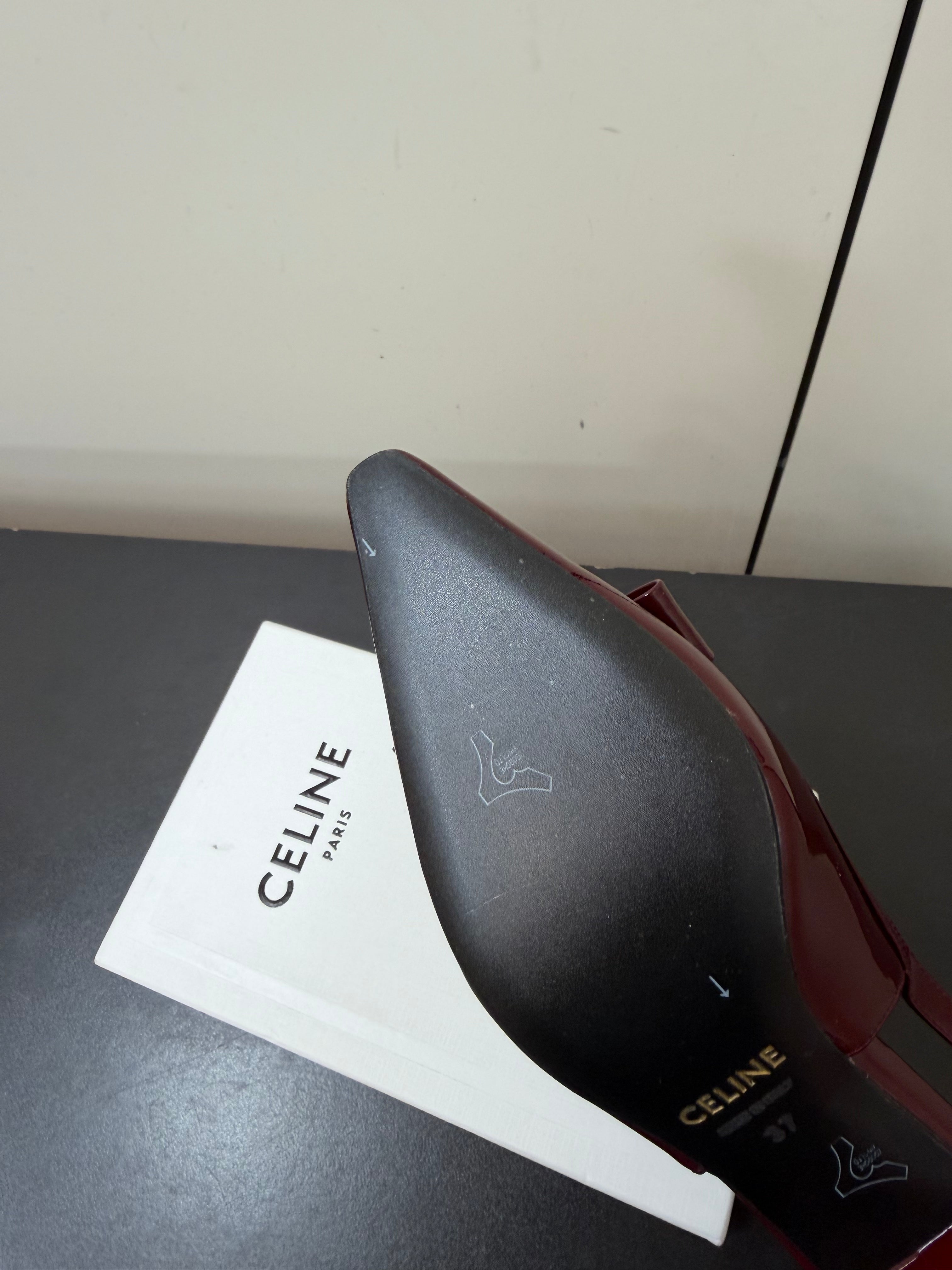 CELINE 26S TRIOMPHE SLINGBACK PUMPS IN BURGUNDY RED PATENT CALFSKIN GOLD HARDWARE