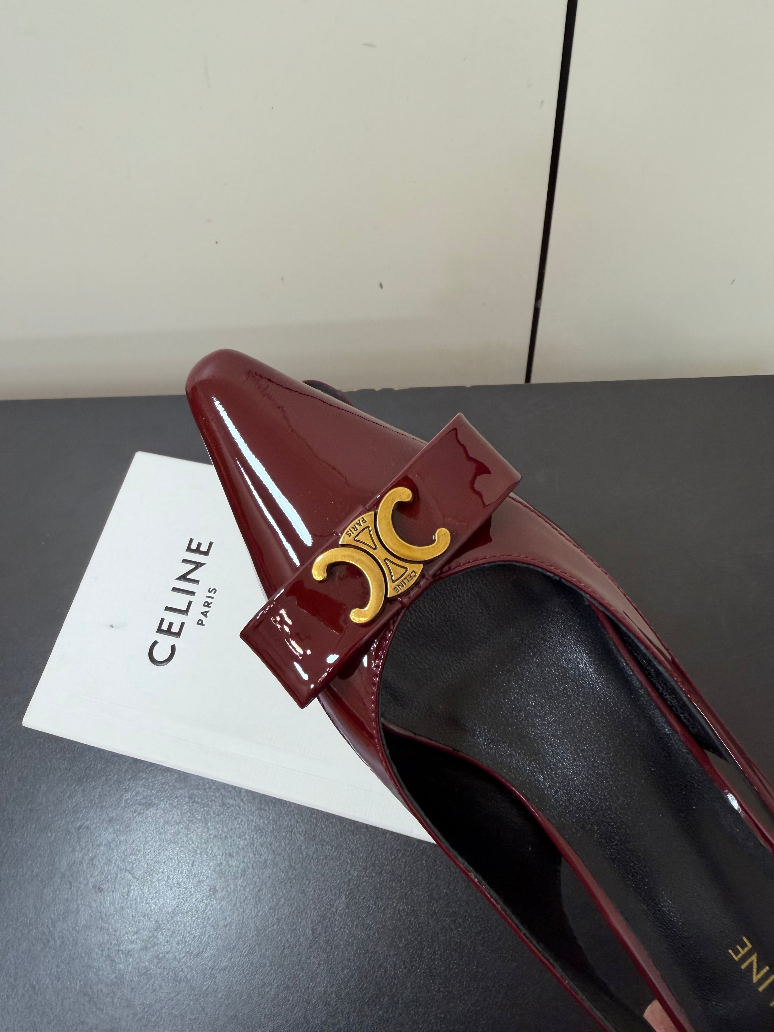 CELINE 26S TRIOMPHE SLINGBACK PUMPS IN BURGUNDY RED PATENT CALFSKIN GOLD HARDWARE