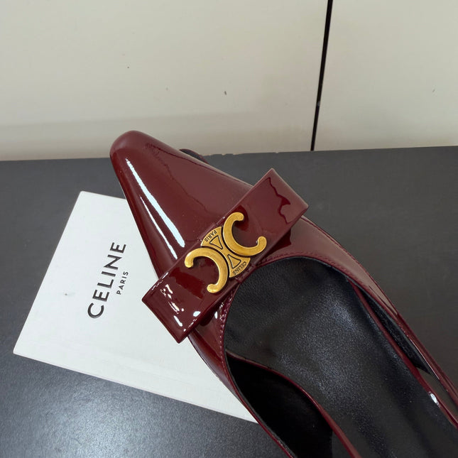 CELINE 26S TRIOMPHE SLINGBACK PUMPS IN BURGUNDY RED PATENT CALFSKIN GOLD HARDWARE