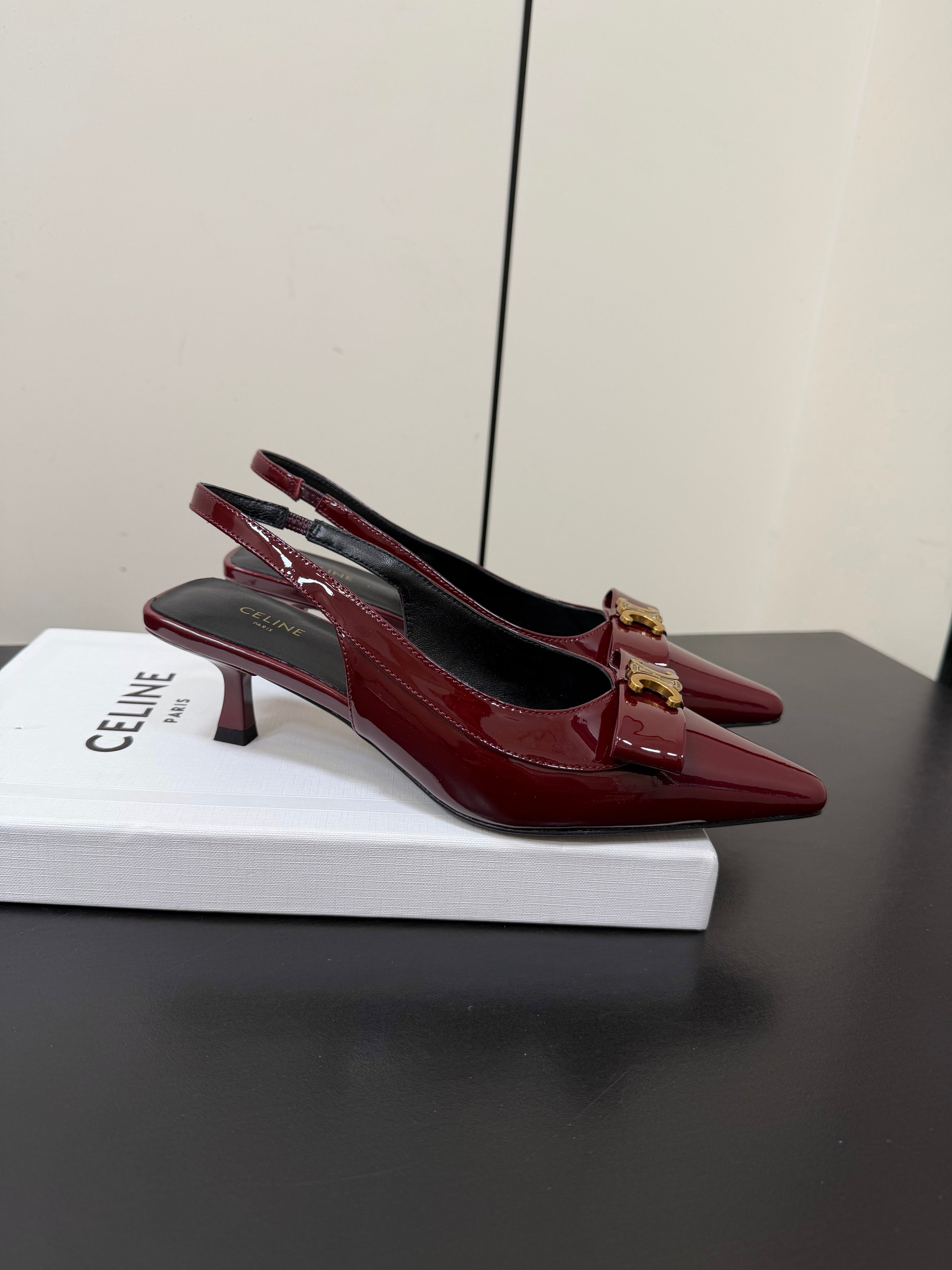 CELINE 26S TRIOMPHE SLINGBACK PUMPS IN BURGUNDY RED PATENT CALFSKIN GOLD HARDWARE