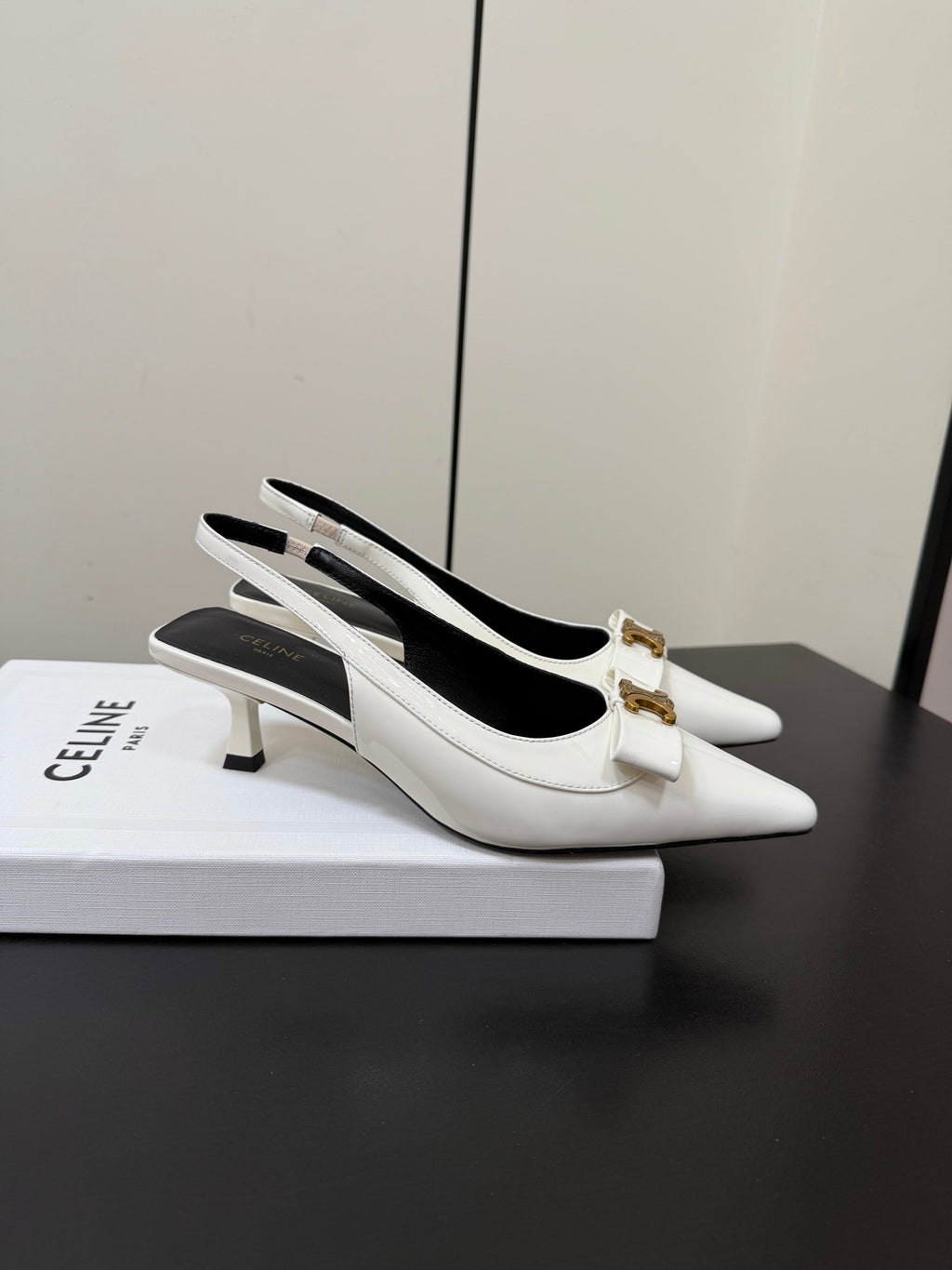 CELINE 26S TRIOMPHE SLINGBACK PUMPS IN WHITE PATENT CALFSKIN GOLD HARDWARE