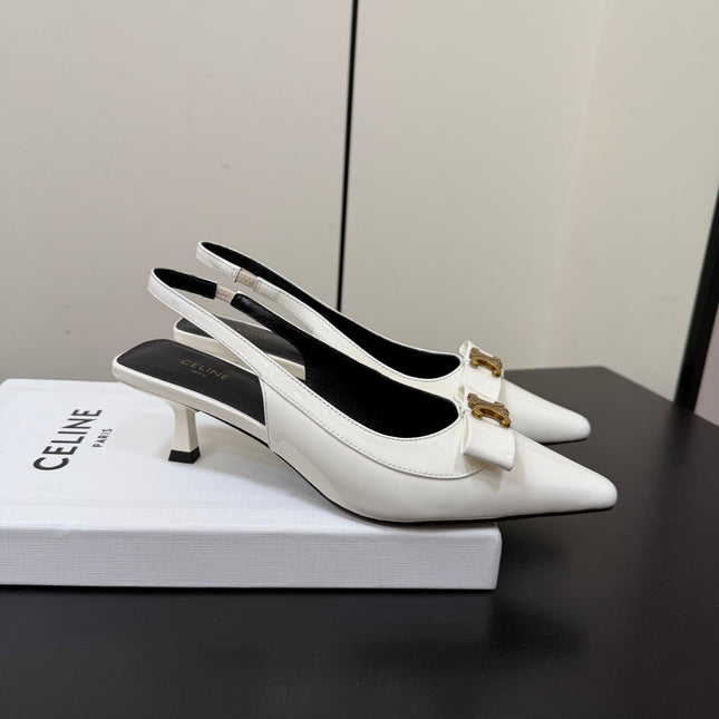 CELINE 26S TRIOMPHE SLINGBACK PUMPS IN WHITE PATENT CALFSKIN GOLD HARDWARE