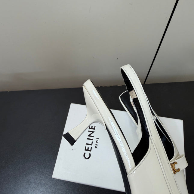 CELINE 26S TRIOMPHE SLINGBACK PUMPS IN WHITE PATENT CALFSKIN GOLD HARDWARE