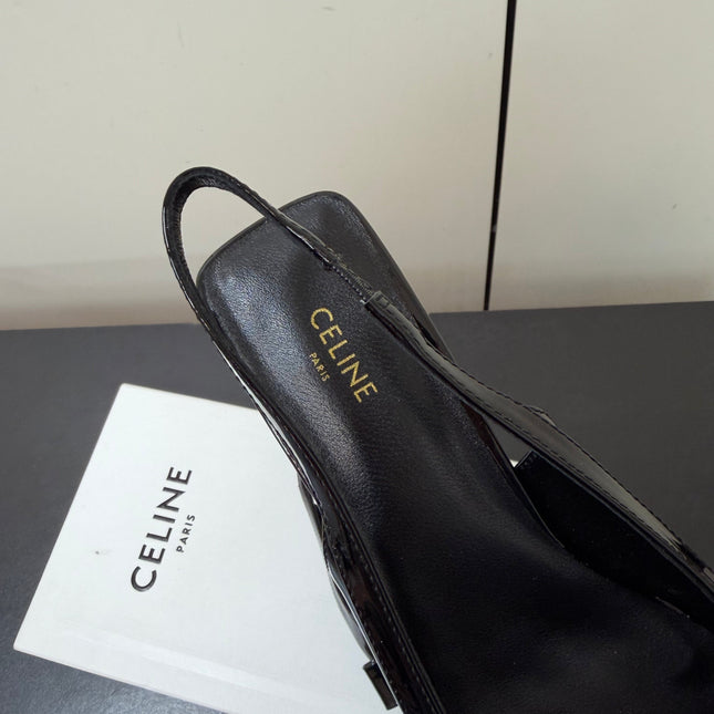 CELINE 26S TRIOMPHE SLINGBACK PUMPS IN BLACK PATENT CALFSKIN GOLD HARDWARE